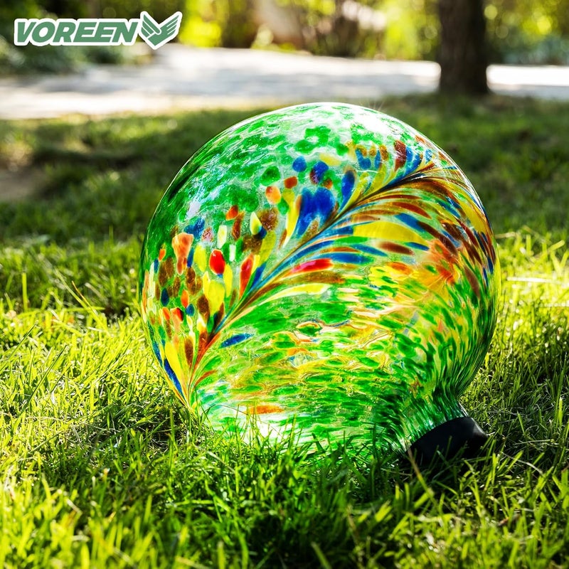 VOREEN 10-Inch Glass Gazing Ball, Outdoor Gazing Globe, Handmade Reflective Ball Yard Decoration for Homes, Patio, Lawn and Gardens, Gift for Mom Wife Friend, Phoenix Tail Design, Green - Image 3